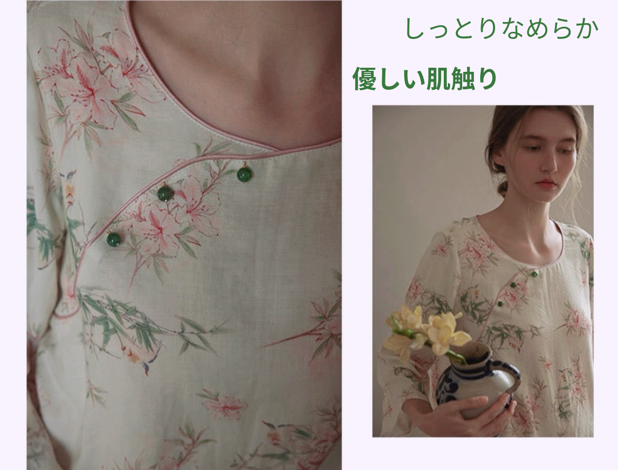 竹布🎋TAKEFU 【日本製】ピンクのお花&竹柄 7分袖 長ズボン 襟なし パジャマ ルームウェア