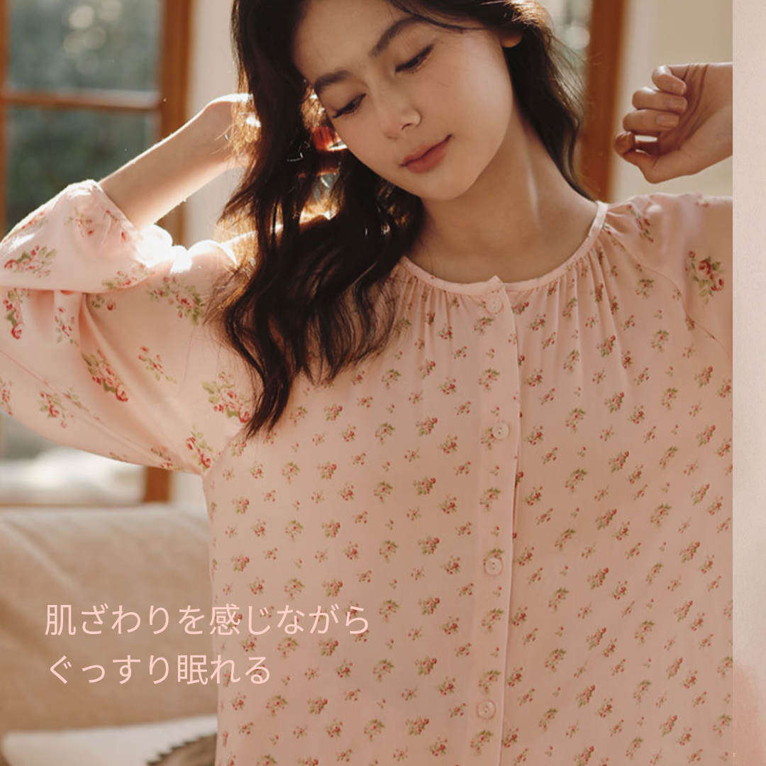 綿サテン 【日本製】 ピンク 小さいバラ柄 長袖 長ズボン パジャマ ルームウェア