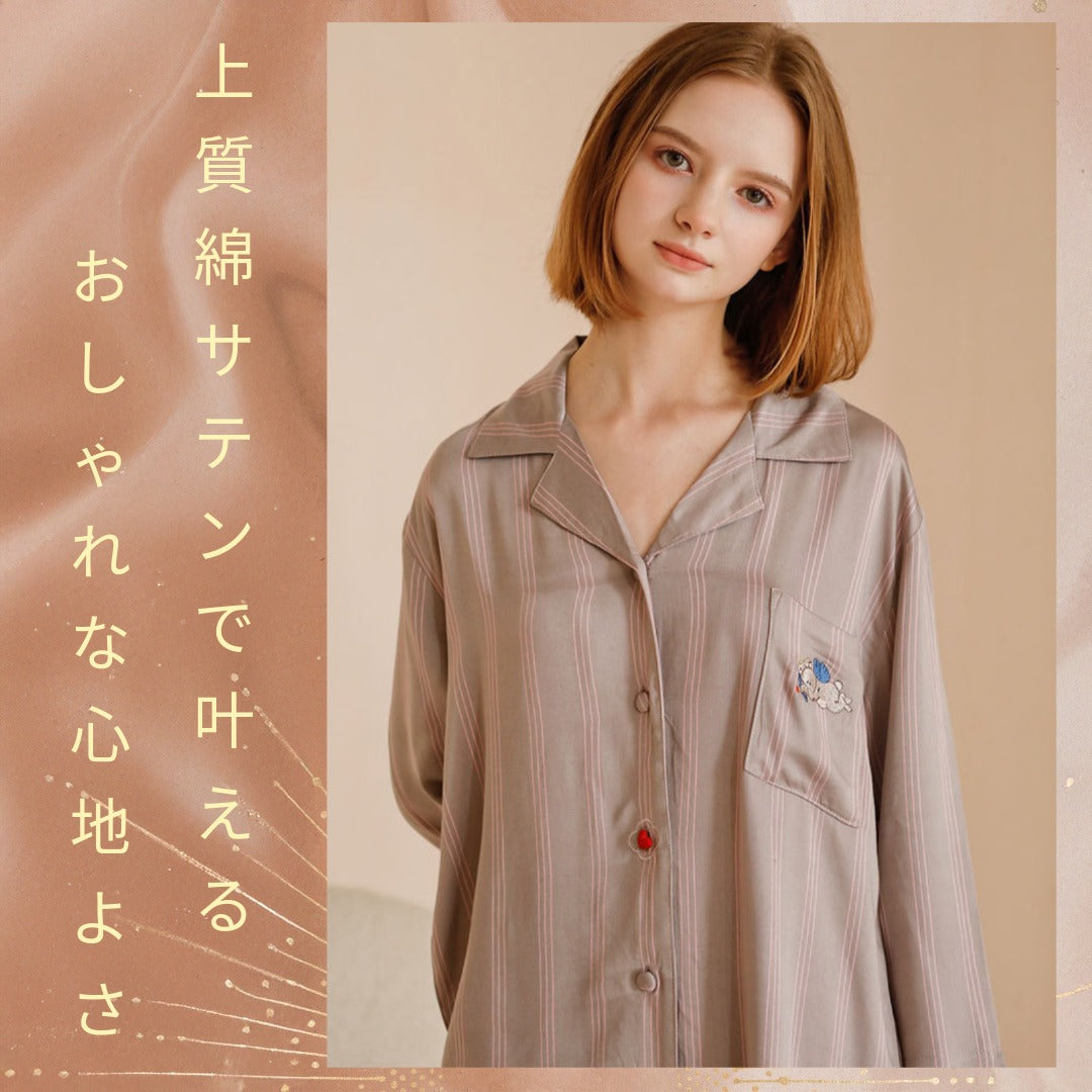綿サテン 【日本製】ピンクストライプ 2025新作 長袖 長ズボン パジャマ ルームウェア