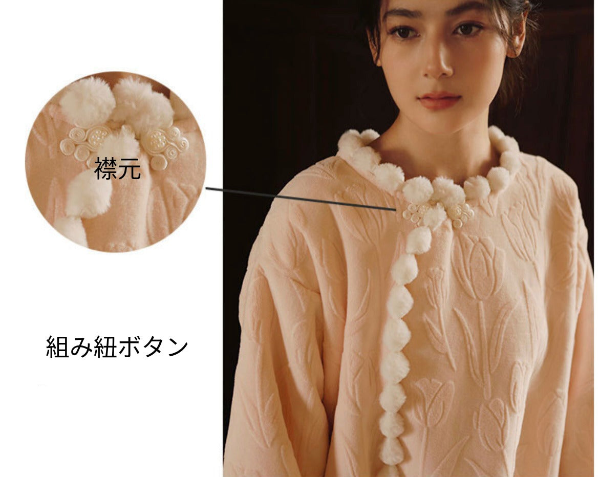 【9月中旬先行予約販売】2025 冬新作❄️日本製❤️モコモコルームウェア ピンク チューリップ ワンピーススタイル