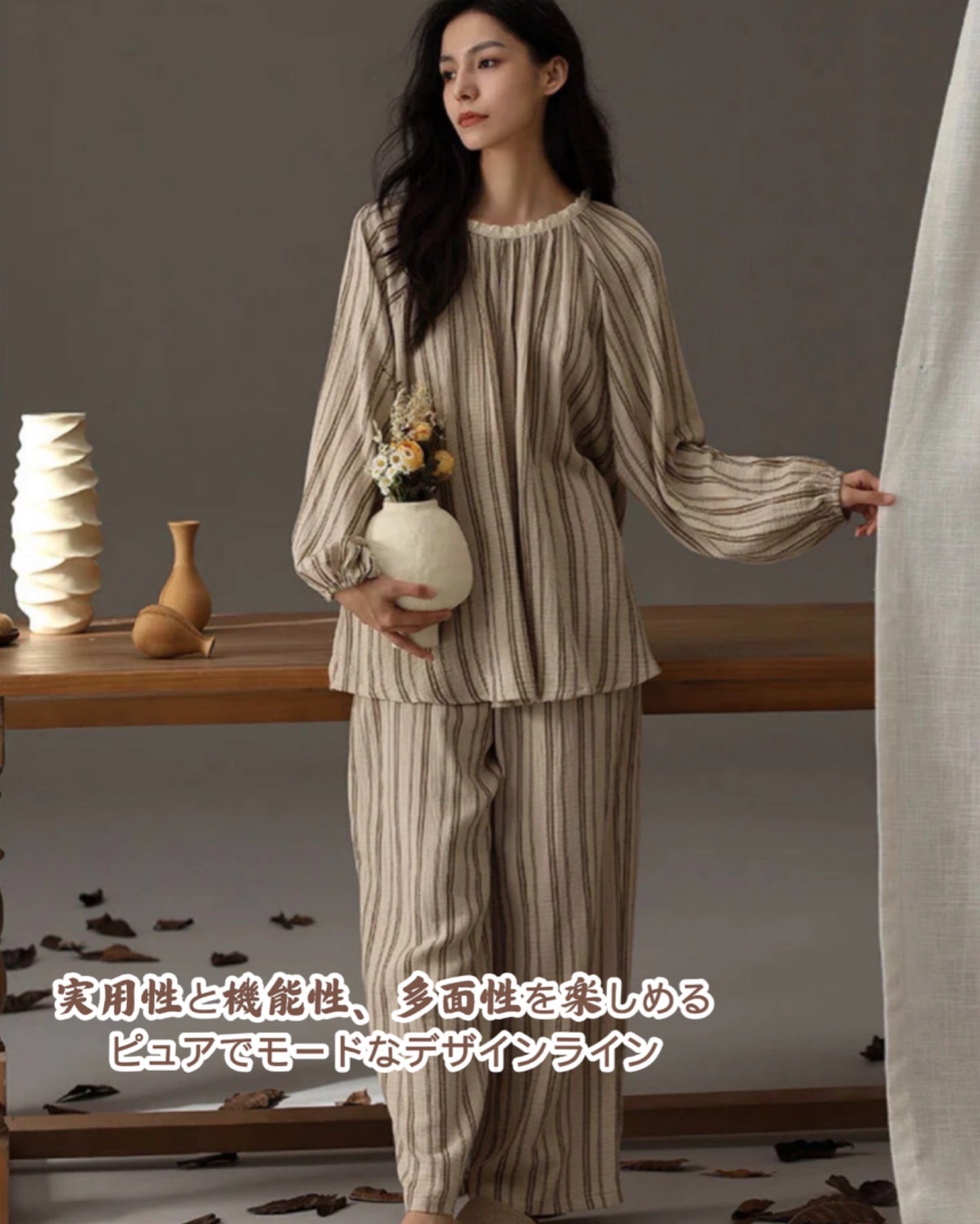 WダブルガーゼW【日本製】2025 新作 ストライプ柄 ペアセット 長袖 長ズボン パジャマ ルームウェア