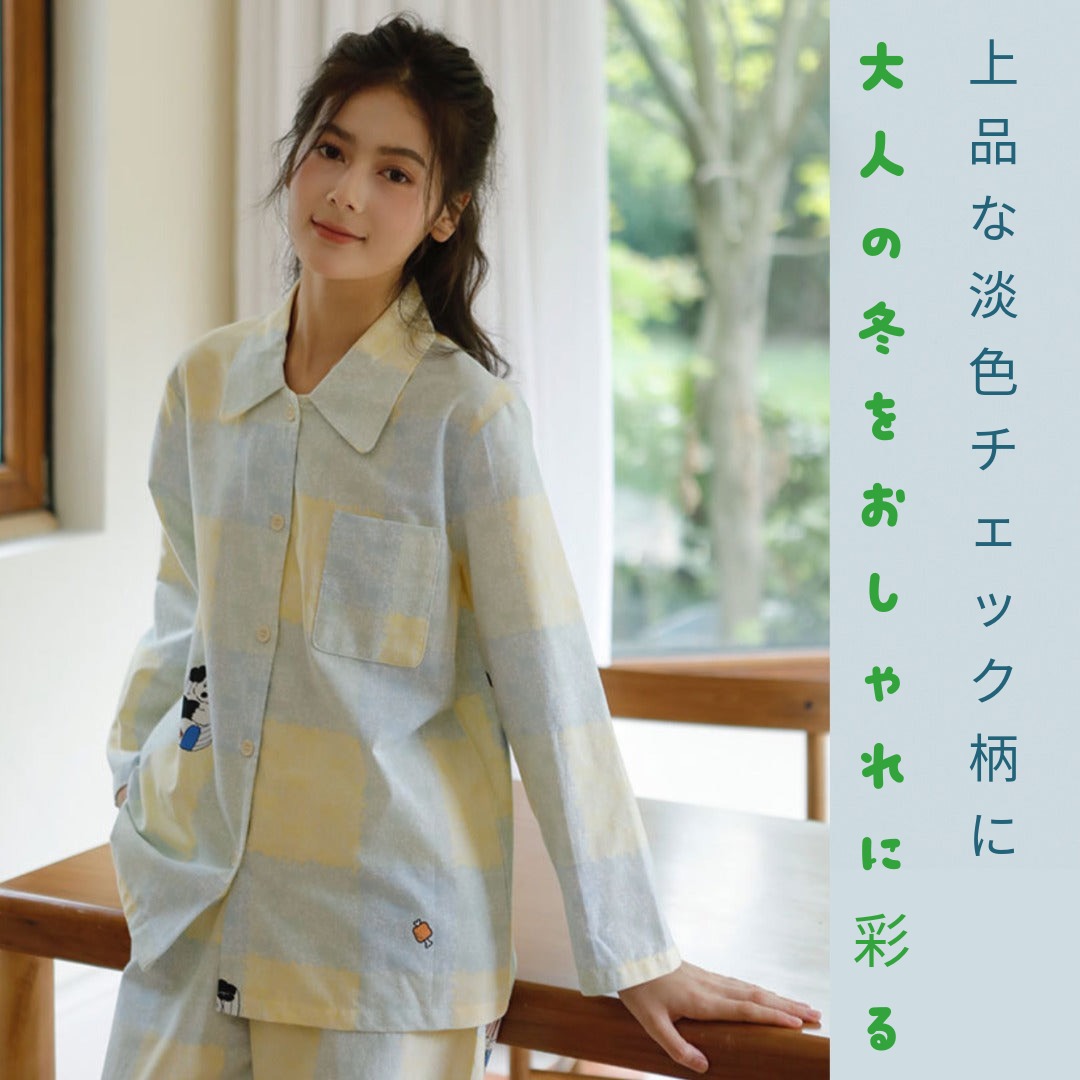 2025Winter 全面起毛 綿100% ライトブルー&イエロー チェック柄 格子柄 日本製