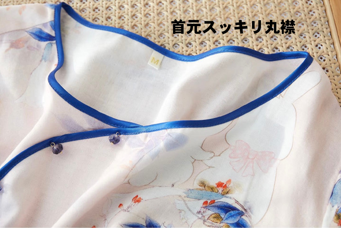 竹布🎋TAKEFU 【日本製】 青紫色の花と赤い鳥 8分袖 8分丈ズボン パジャマ ルームウェア