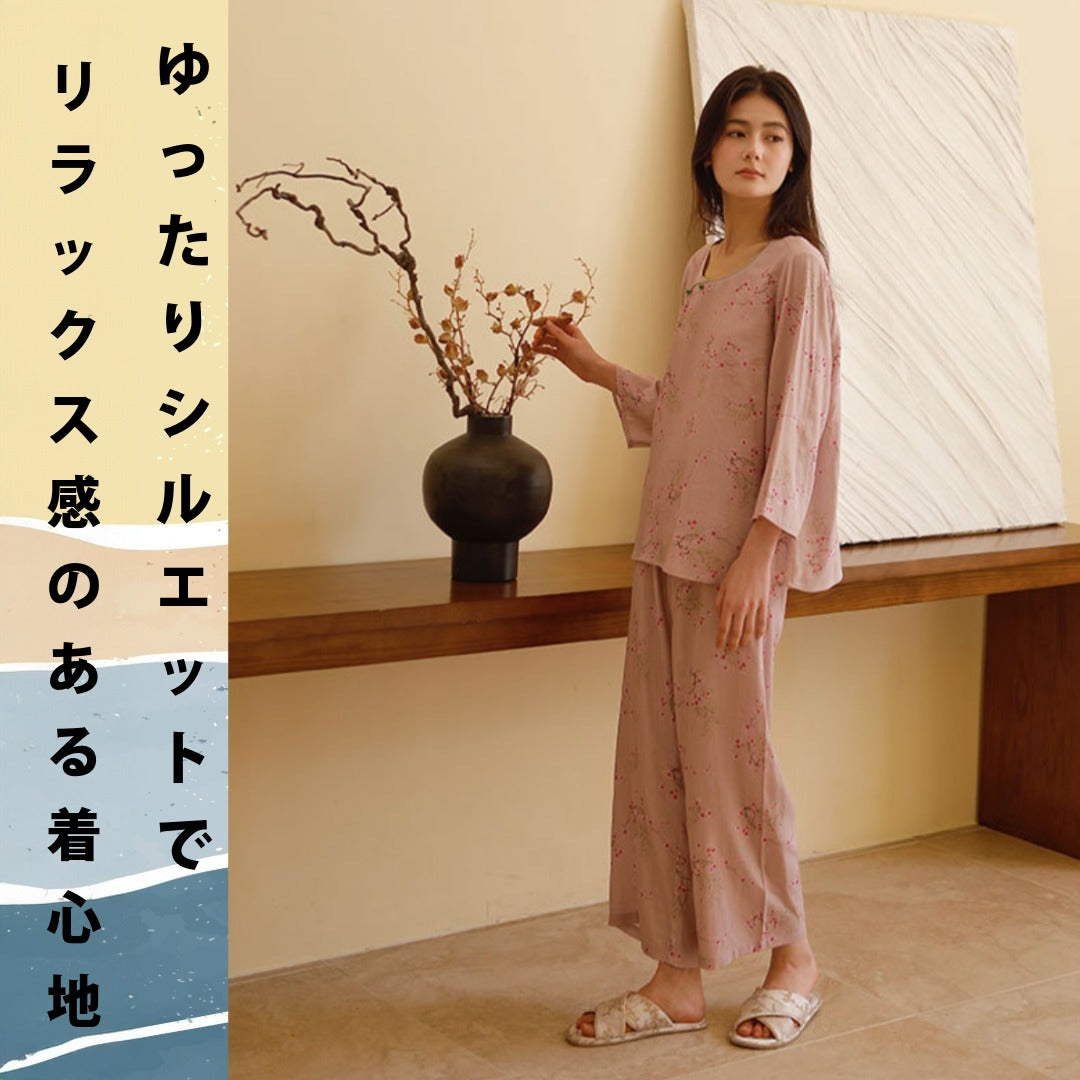 竹布🎋TAKEFU 【日本製】ピンクの梅 8分袖 8分丈ズボン 襟なし パジャマ ルームウェア