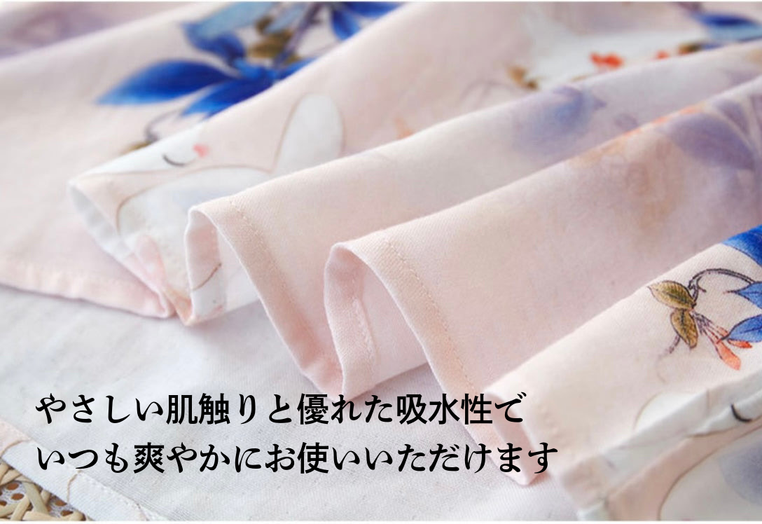 竹布🎋TAKEFU 【日本製】 青紫色の花と赤い鳥 8分袖 8分丈ズボン パジャマ ルームウェア
