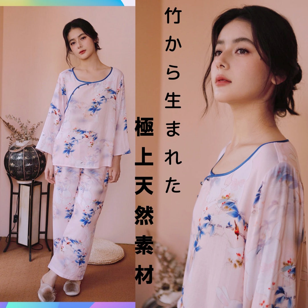 竹布🎋TAKEFU 【日本製】 青紫色の花と赤い鳥 8分袖 8分丈ズボン パジャマ ルームウェア
