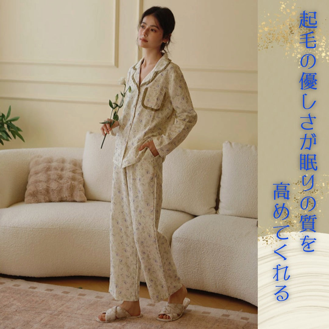 2025Winter 全面起毛 両面起毛だから片面よりさらに柔らかく、あたたかい! 綿100% パープルフラワー&レース 日本製