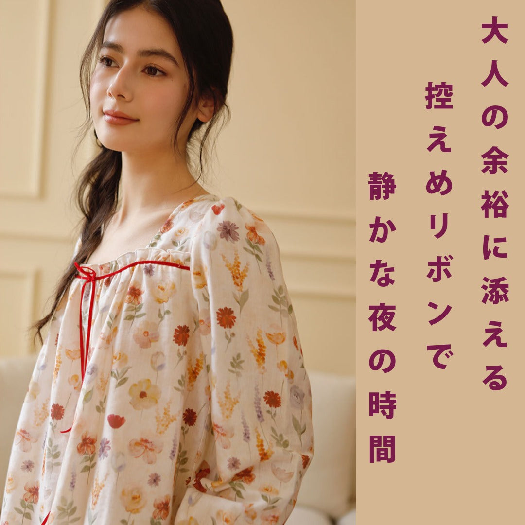 WダブルガーゼW【日本製】2025新作 リボン🎀 長袖 長ズボン パジャマ ルームウェア