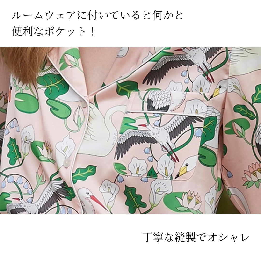 2025新作 🌻アイスシルク 薄いピンク 仙鶴と白鳥柄 長袖 長ズボン パジャマ ルームウェア
