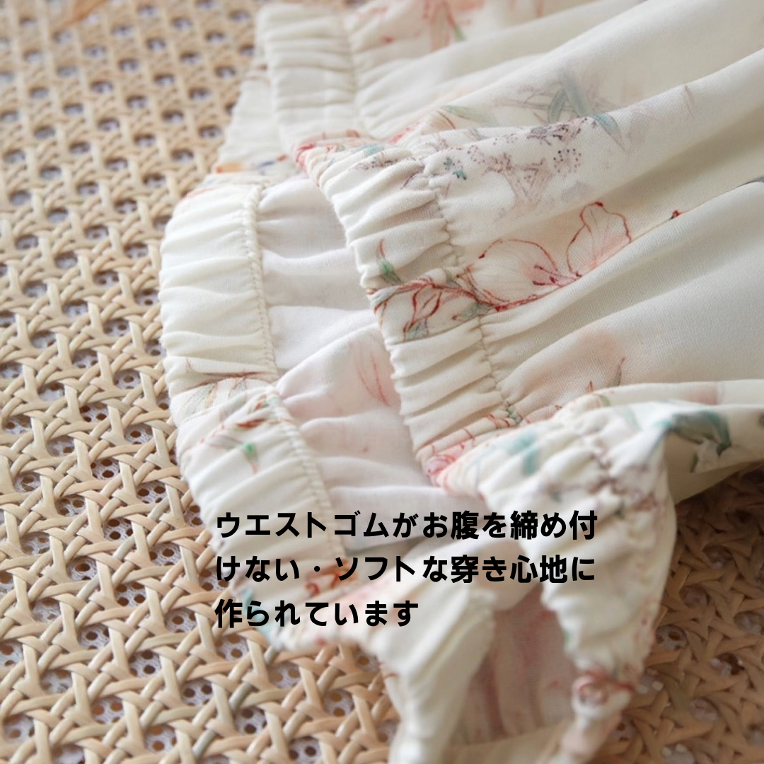 竹布🎋TAKEFU 【日本製】ピンクのお花&竹柄 7分袖 長ズボン 襟なし パジャマ ルームウェア