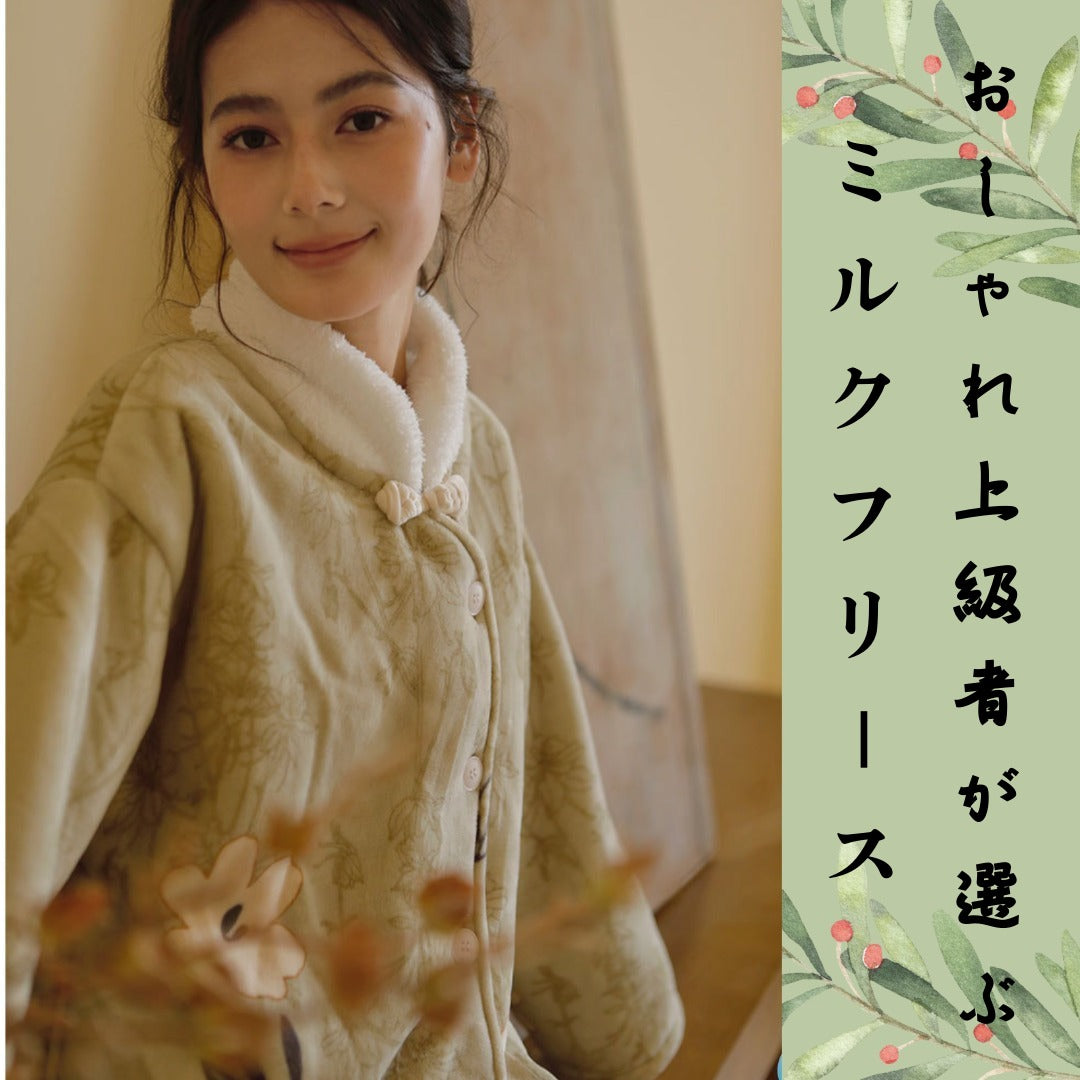 【9月中旬先行予約販売】2025 冬新作❄️日本製❤️モコモコルームウェア グリーン お花 上下セット