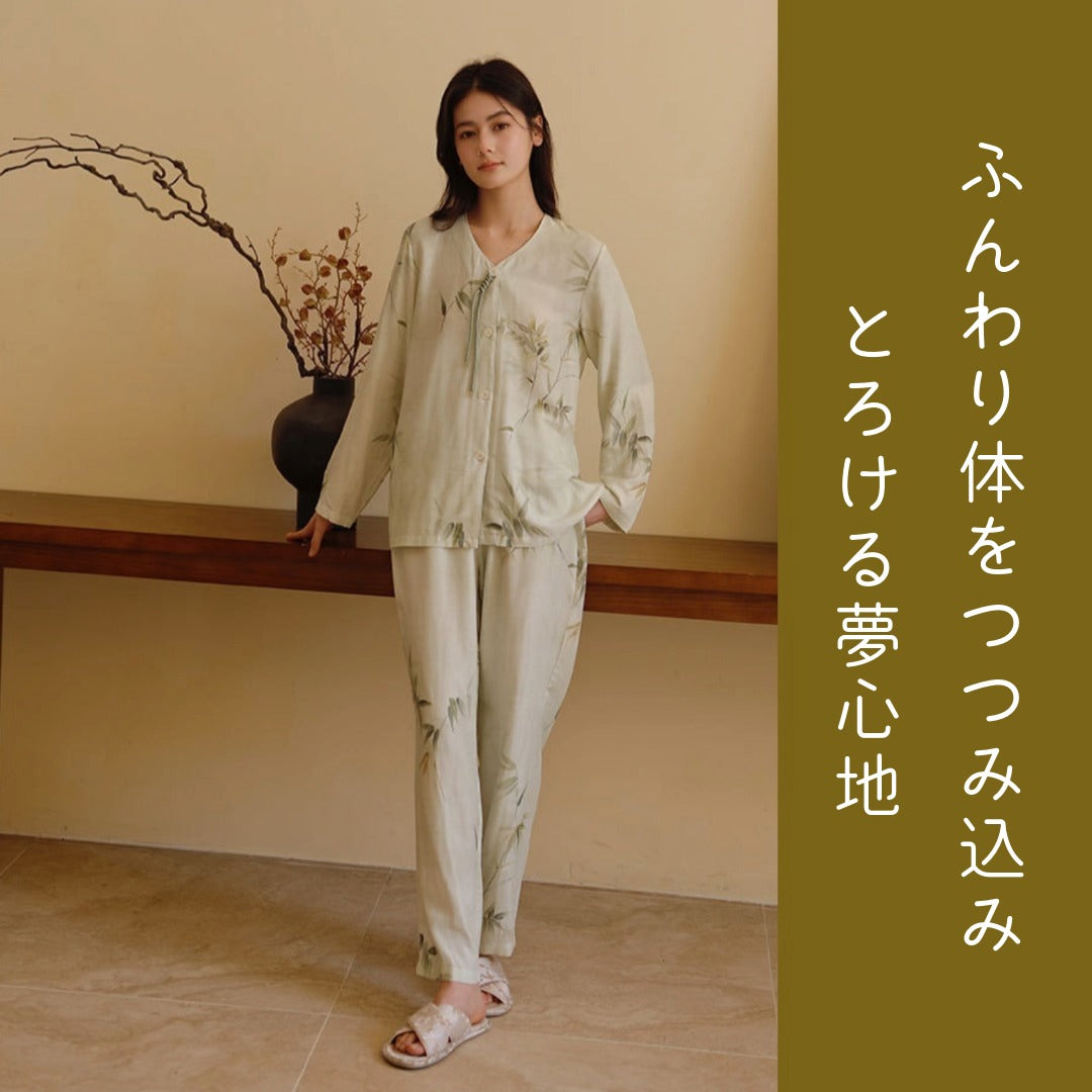 竹布🎋TAKEFU【日本製】 翡翠カラー 竹柄 2025秋冬新作 長袖 長ズボン 襟なし パジャマ ルームウェア