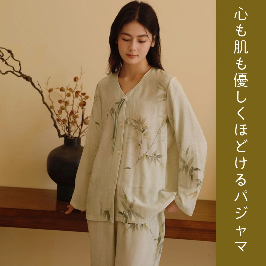 竹布🎋TAKEFU【日本製】 翡翠カラー 竹柄 2025秋冬新作 長袖 長ズボン 襟なし パジャマ ルームウェア