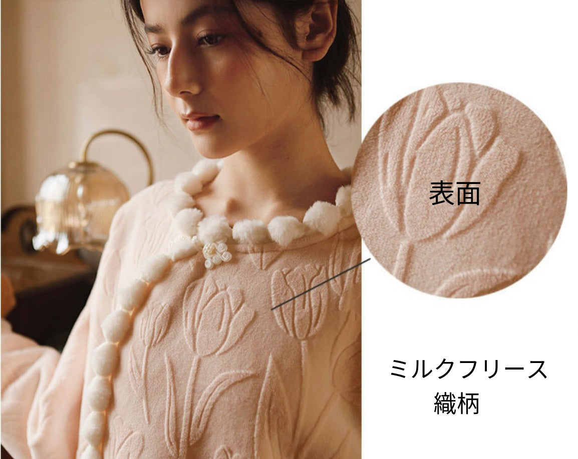 【9月中旬先行予約販売】2025 冬新作❄️日本製❤️モコモコルームウェア ピンク チューリップ ワンピーススタイル