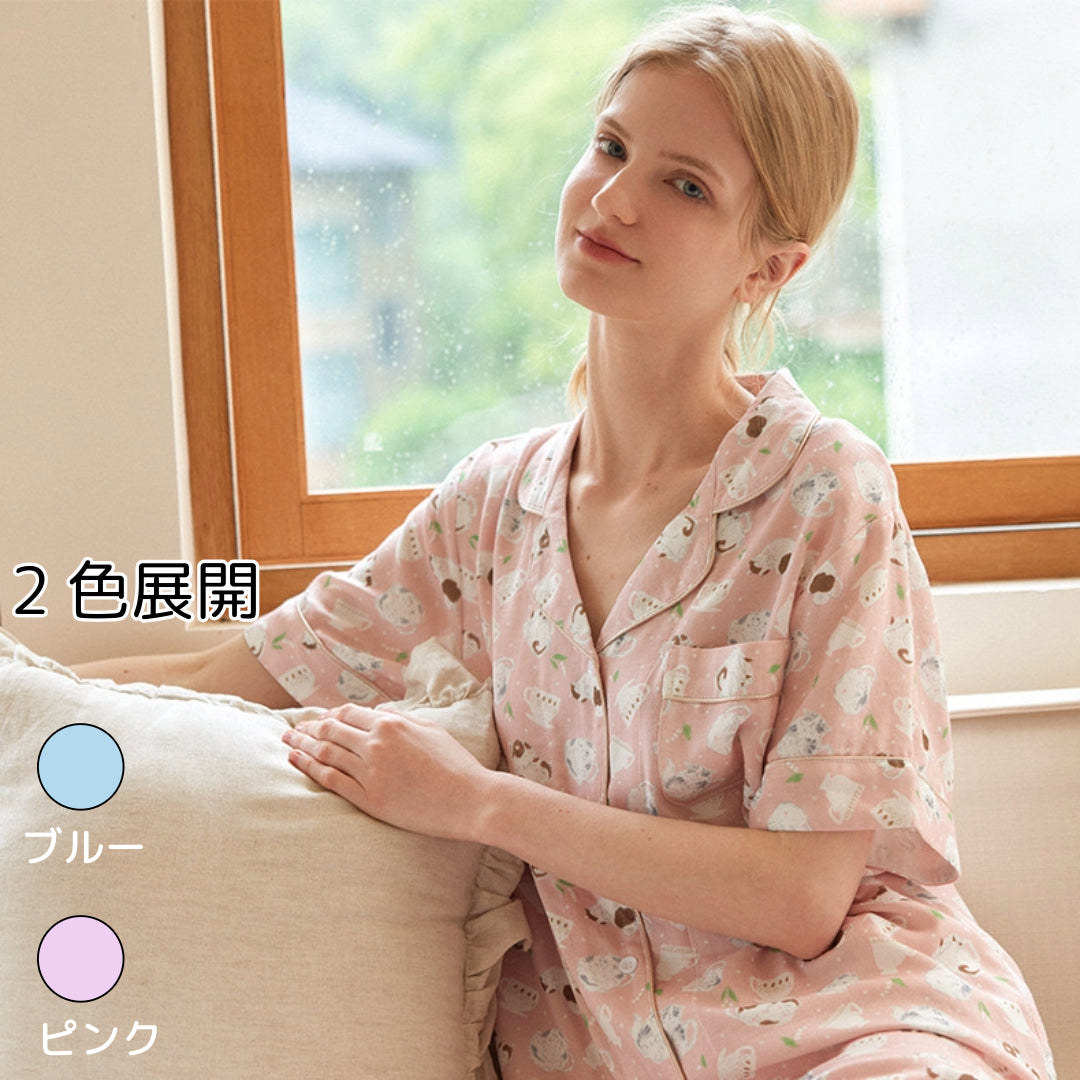 竹布🎋TAKEFU 【日本製】 ティーカップ柄 半袖 長ズボン パジャマ ルームウェア