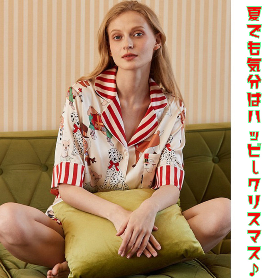 2025新作 🌻アイスシルク ベージュ わんチャン柄 襟レッドストライプ柄 半袖 半ズボン パジャマ ルームウェア