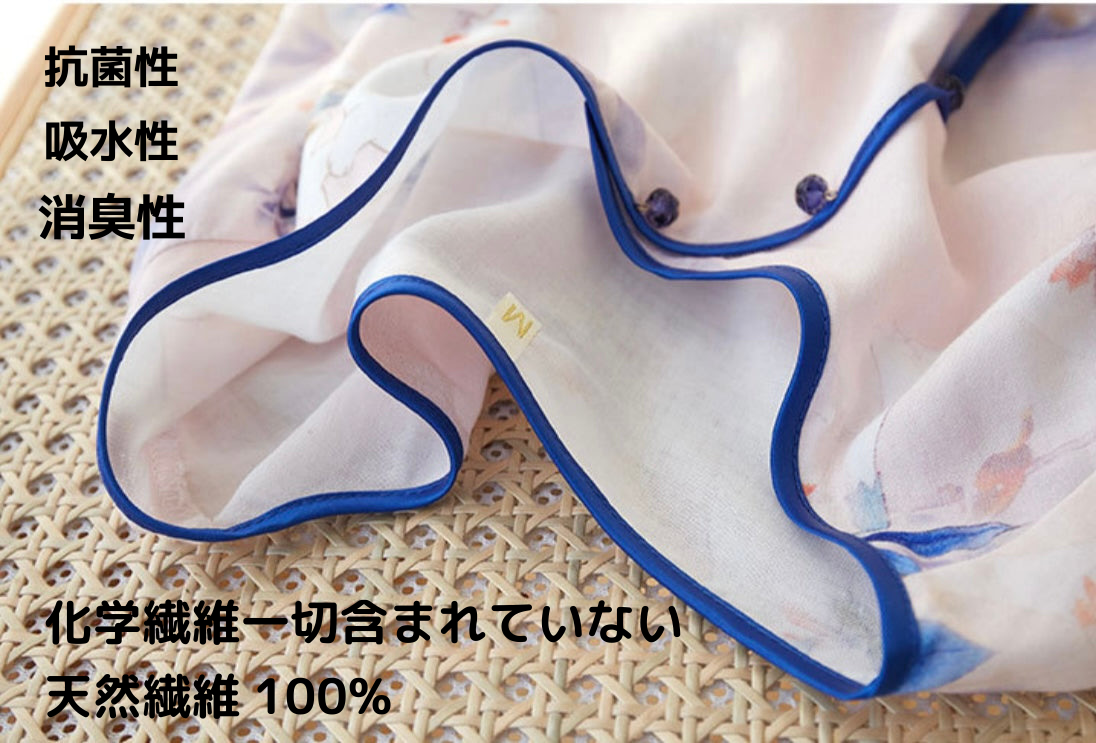 竹布🎋TAKEFU 【日本製】 青紫色の花と赤い鳥 8分袖 8分丈ズボン パジャマ ルームウェア