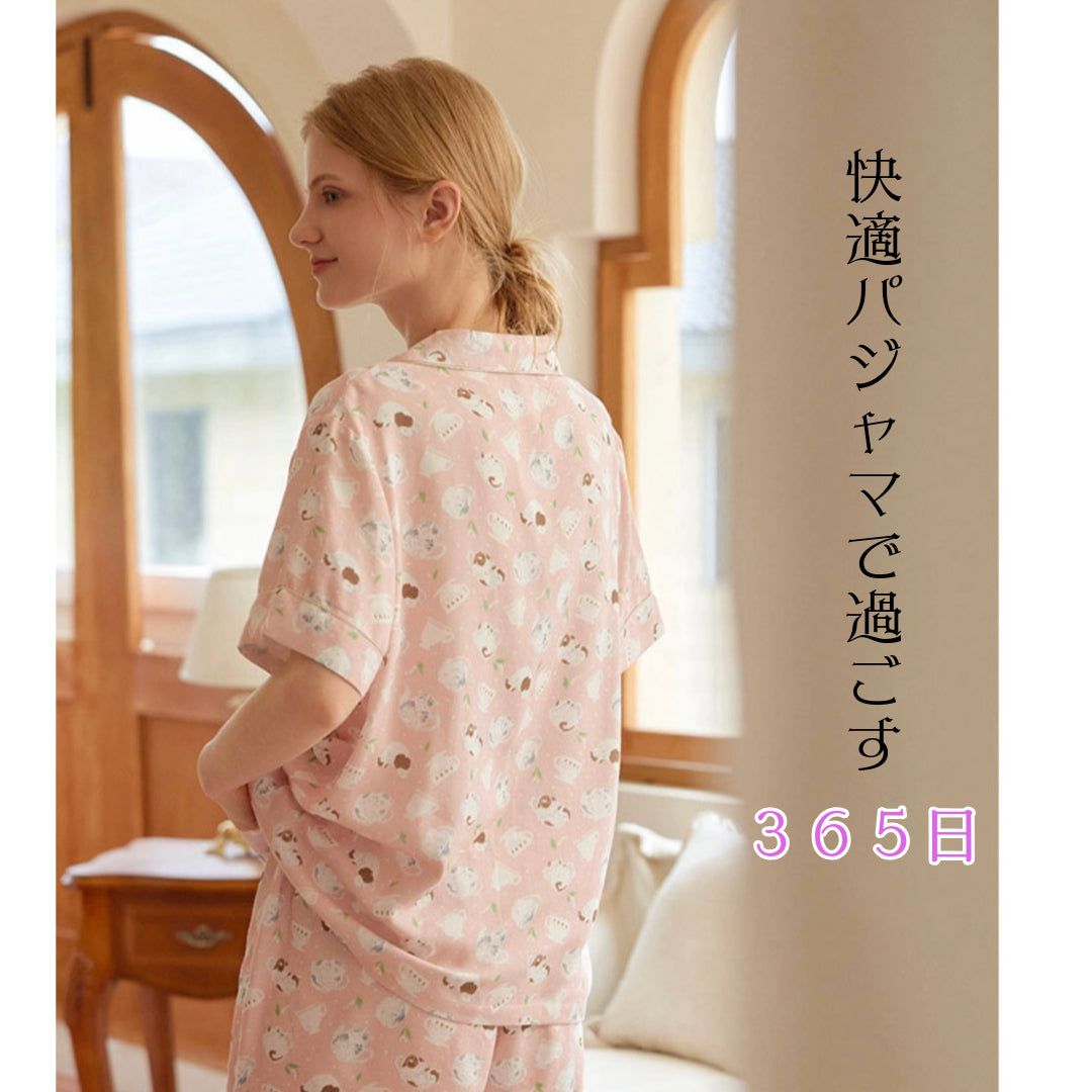 竹布🎋TAKEFU 【日本製】 ティーカップ柄 半袖 長ズボン パジャマ ルームウェア