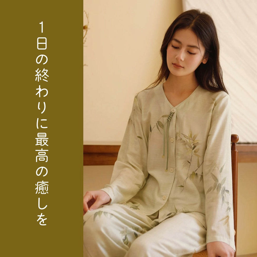 竹布🎋TAKEFU【日本製】 翡翠カラー 竹柄 2025秋冬新作 長袖 長ズボン 襟なし パジャマ ルームウェア