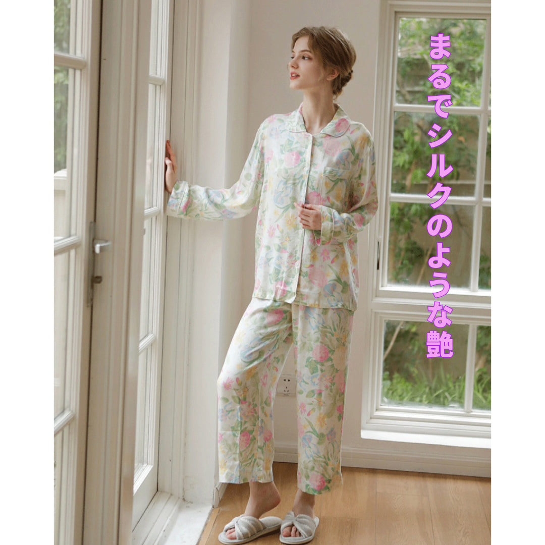 綿サテン【日本製】カラフルフラワー ダリア柄 長袖 長ズボン パジャマ ルームウェア