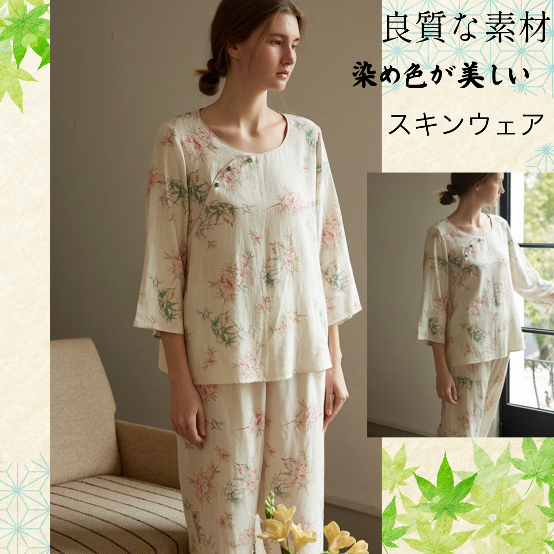 竹布🎋TAKEFU 【日本製】ピンクのお花&竹柄 7分袖 長ズボン 襟なし パジャマ ルームウェア