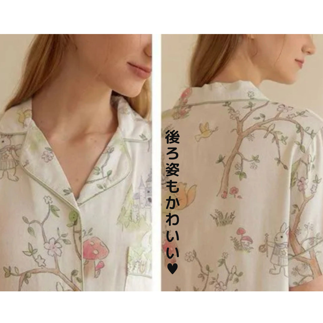 2025 Bamboo Cloth🎋 Pajamas, Short Sleeves, Long Pants, Rabbit Pattern