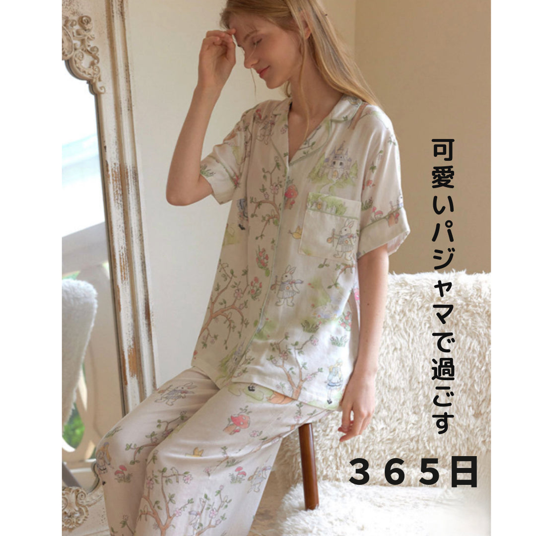 2025 Bamboo Cloth🎋 Pajamas, Short Sleeves, Long Pants, Rabbit Pattern
