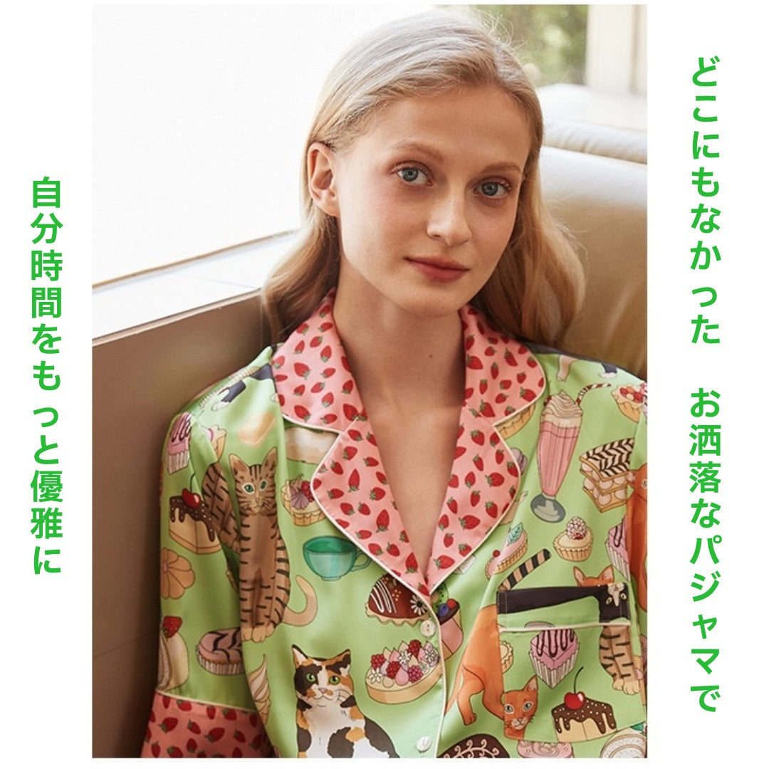 2026新作 🌻アイスシルク ライトグリーン 猫&スイーツ柄 襟イチゴ柄 半袖 半ズボン パジャマ ルームウェア