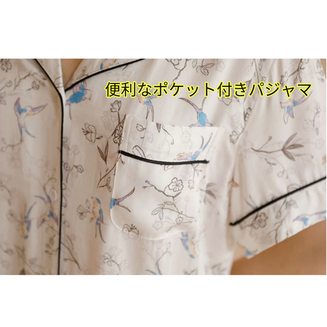 綿サテン 【日本製】 ブルー 野鳥柄 半袖 長ズボン パジャマ ルームウェア