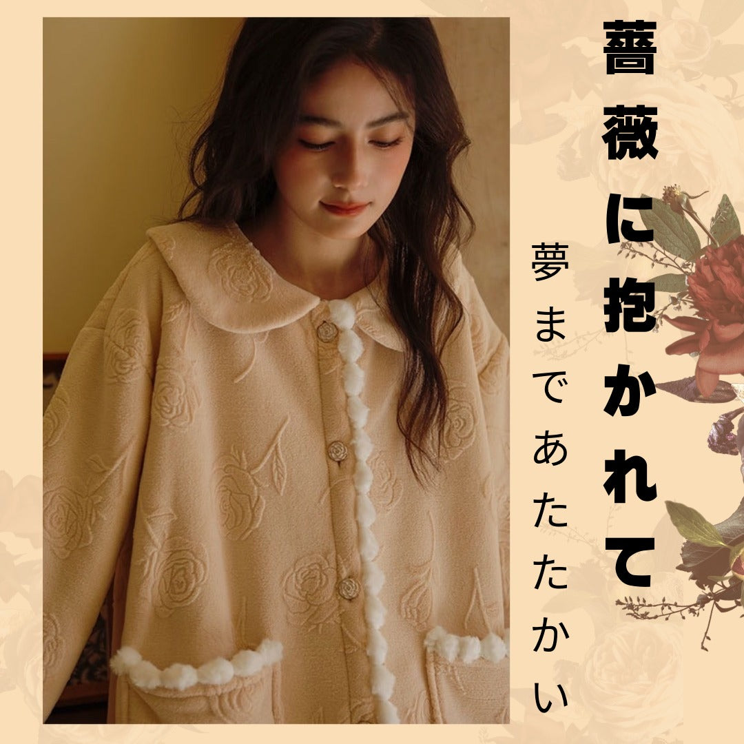 【秋冬物発売開始!!】2025 冬新作❄️日本製❤️モコモコルームウェア ベージュ バラ 羽織り ワンピーススタイル