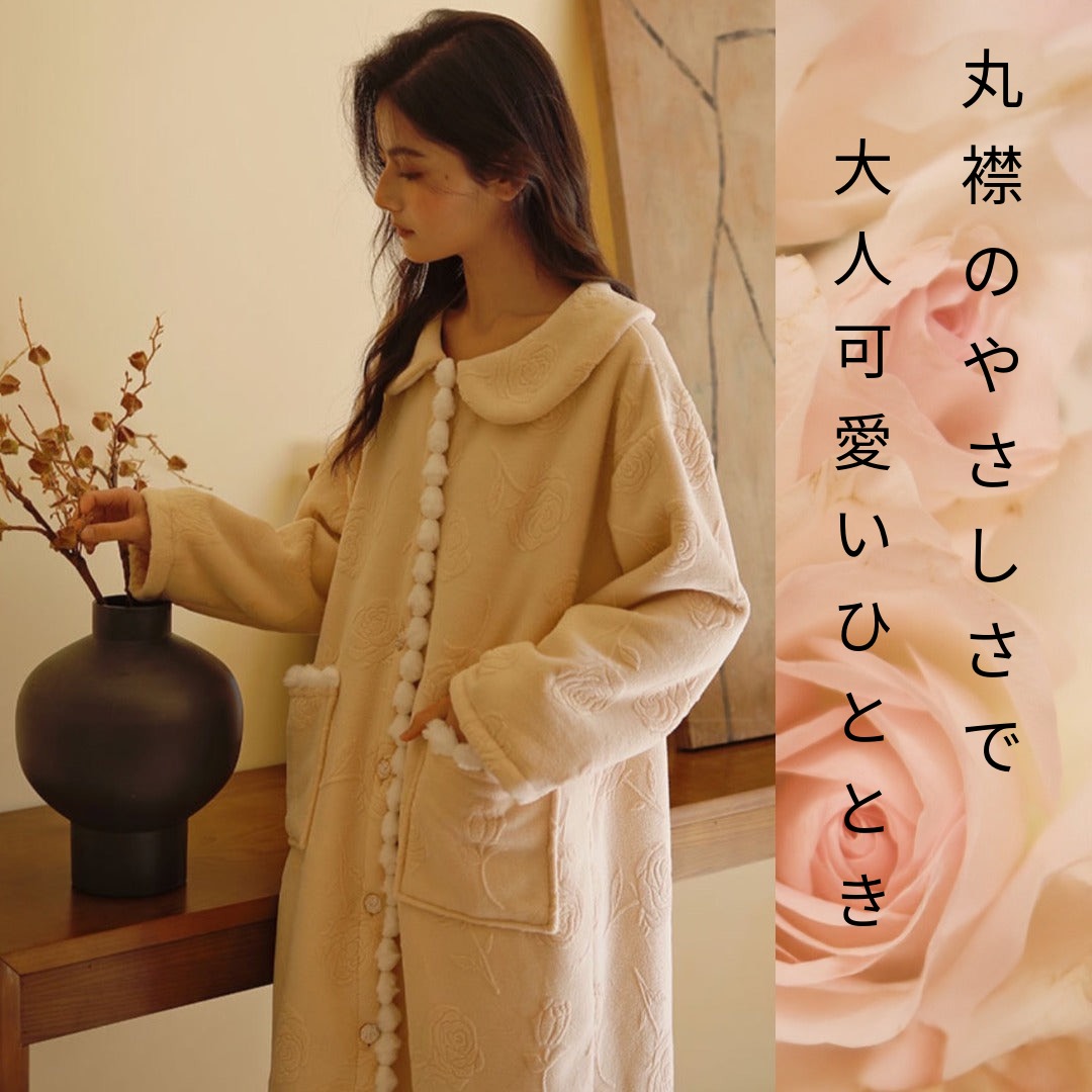 【秋冬物発売開始!!】2025 冬新作❄️日本製❤️モコモコルームウェア ベージュ バラ 羽織り ワンピーススタイル