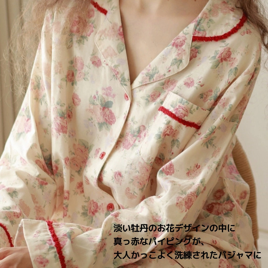 【FIORA】ダブルガーゼW 牡丹花柄 長袖 長ズボン パジャマ ルームウェア レディース