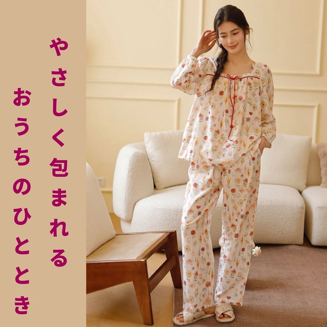 WダブルガーゼW【日本製】2025新作 リボン🎀 長袖 長ズボン パジャマ ルームウェア