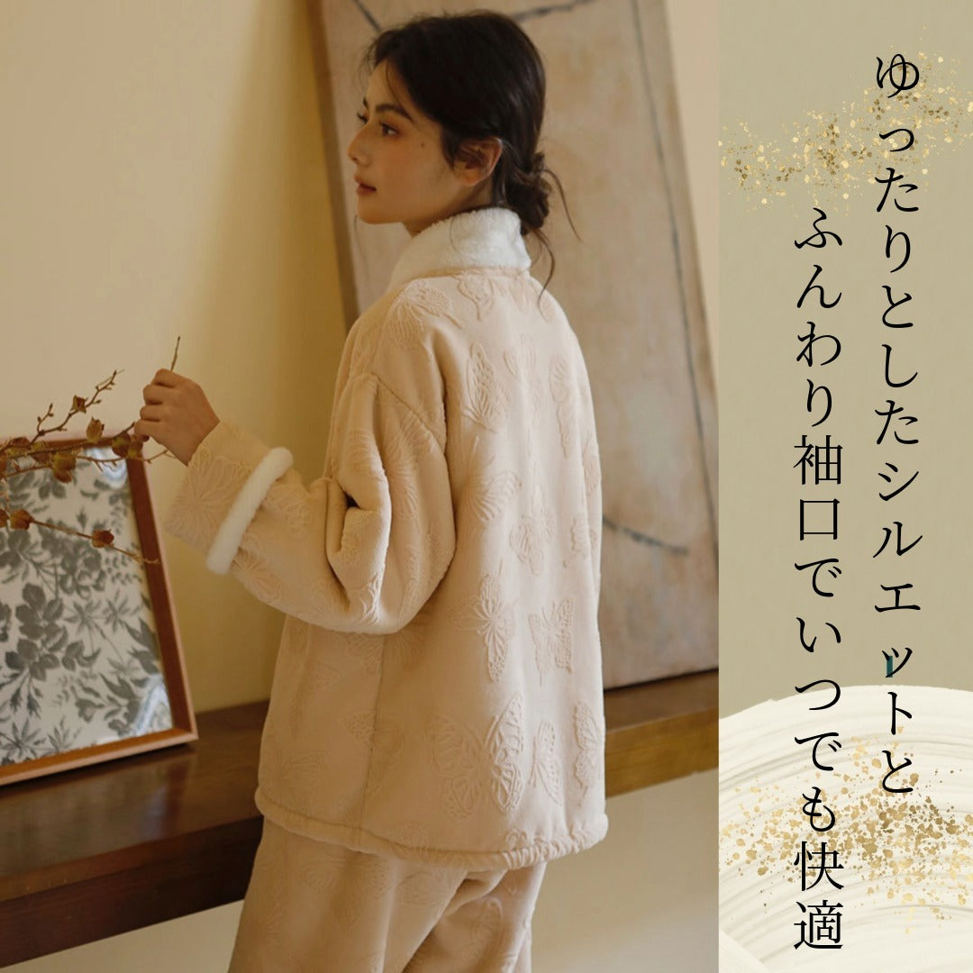 【9月中旬先行予約販売】2025 冬新作ベー❄️日本製❤️モコモコルームウェア 2色展開 パープル ジュ 蝶々 上下セット