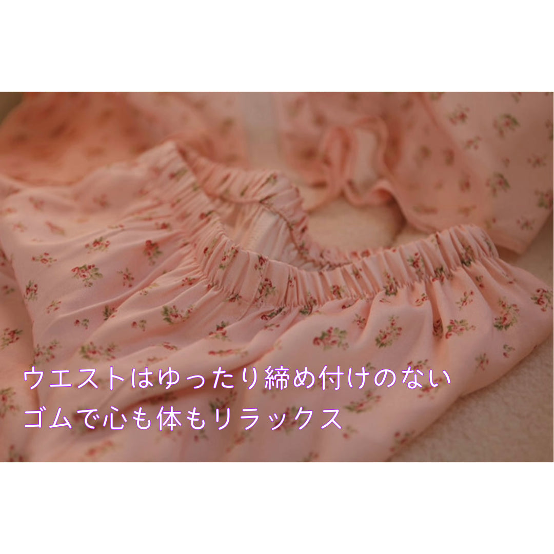 綿サテン 【日本製】 ピンク 小さいバラ柄 長袖 長ズボン パジャマ ルームウェア