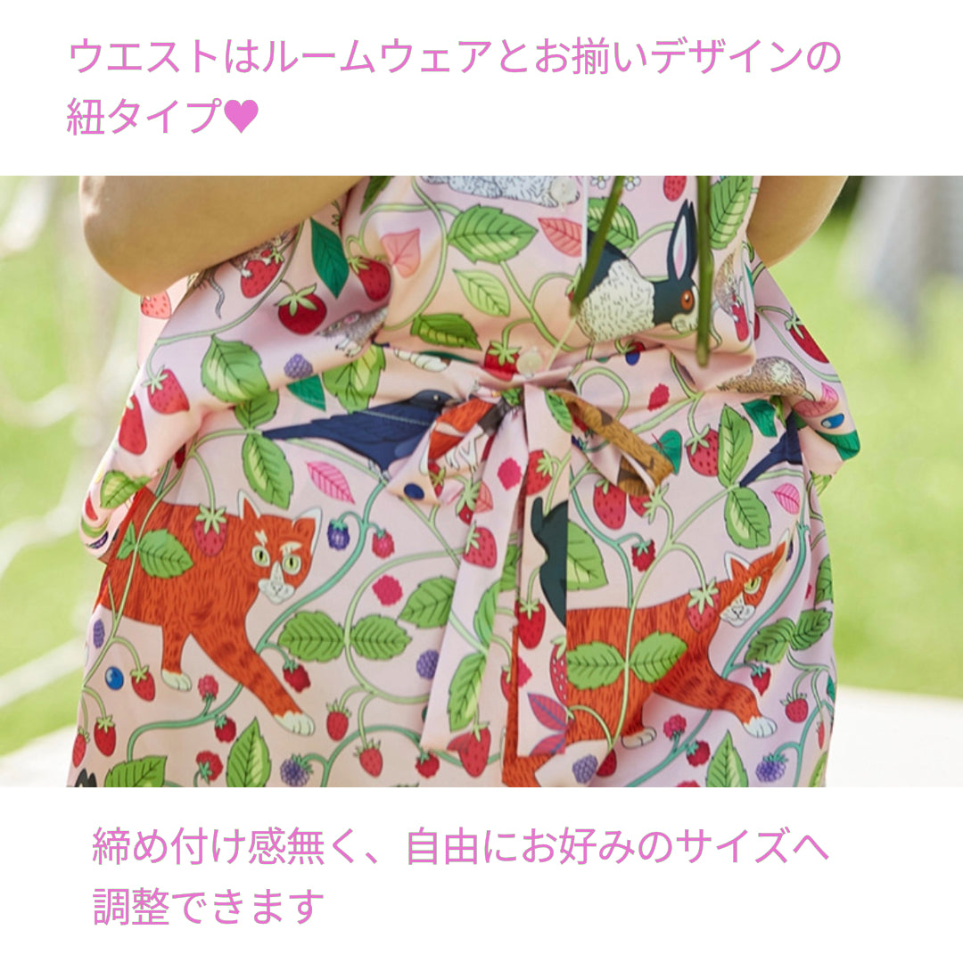 2025新作 🌻アイスシルク ピンク 猫といちご柄 半袖 半ズボン パジャマ ルームウェア