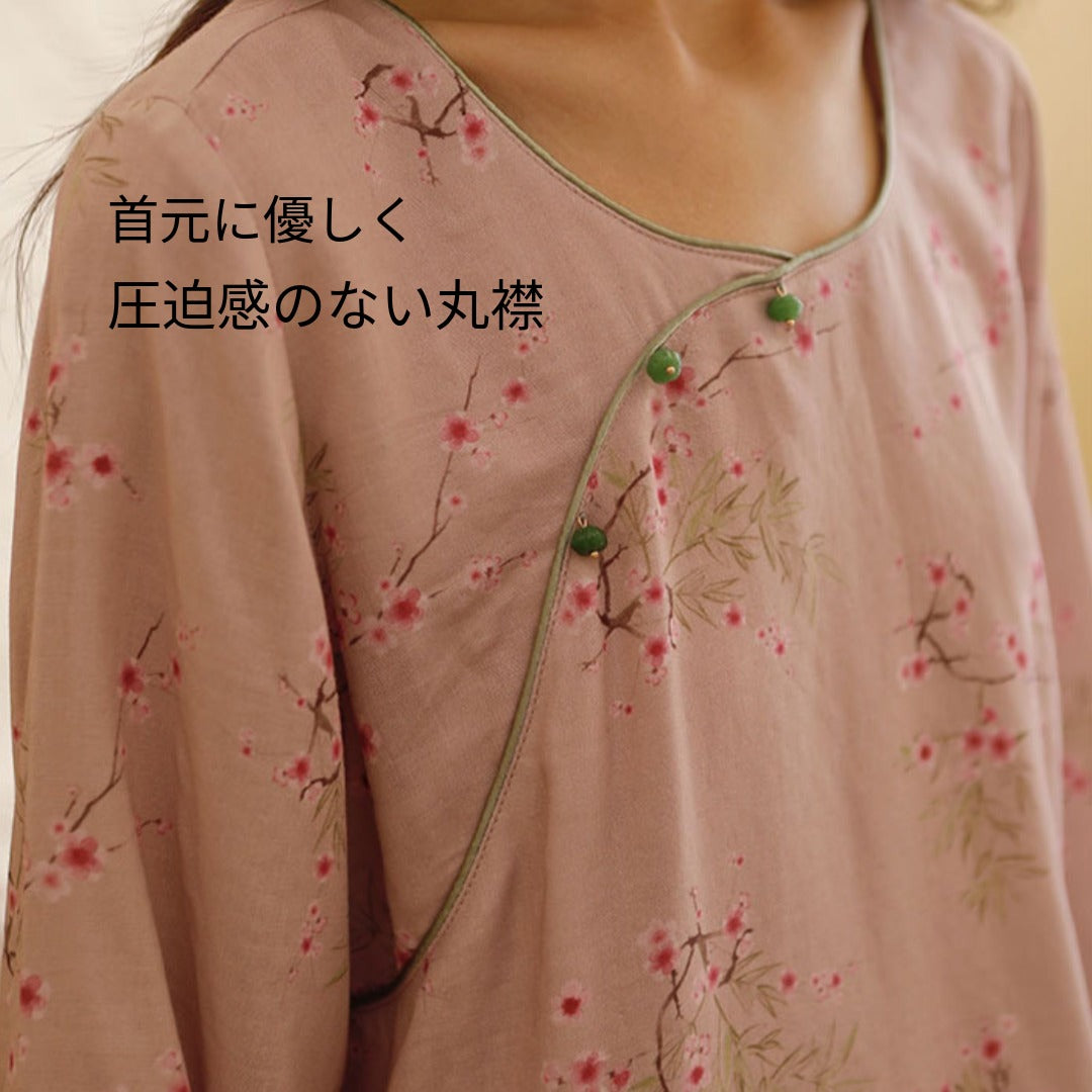 竹布🎋TAKEFU 【日本製】ピンクの梅 8分袖 8分丈ズボン 襟なし パジャマ ルームウェア