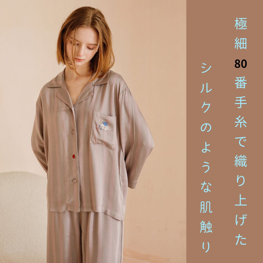 綿サテン 【日本製】ピンクストライプ 2025新作 長袖 長ズボン パジャマ ルームウェア