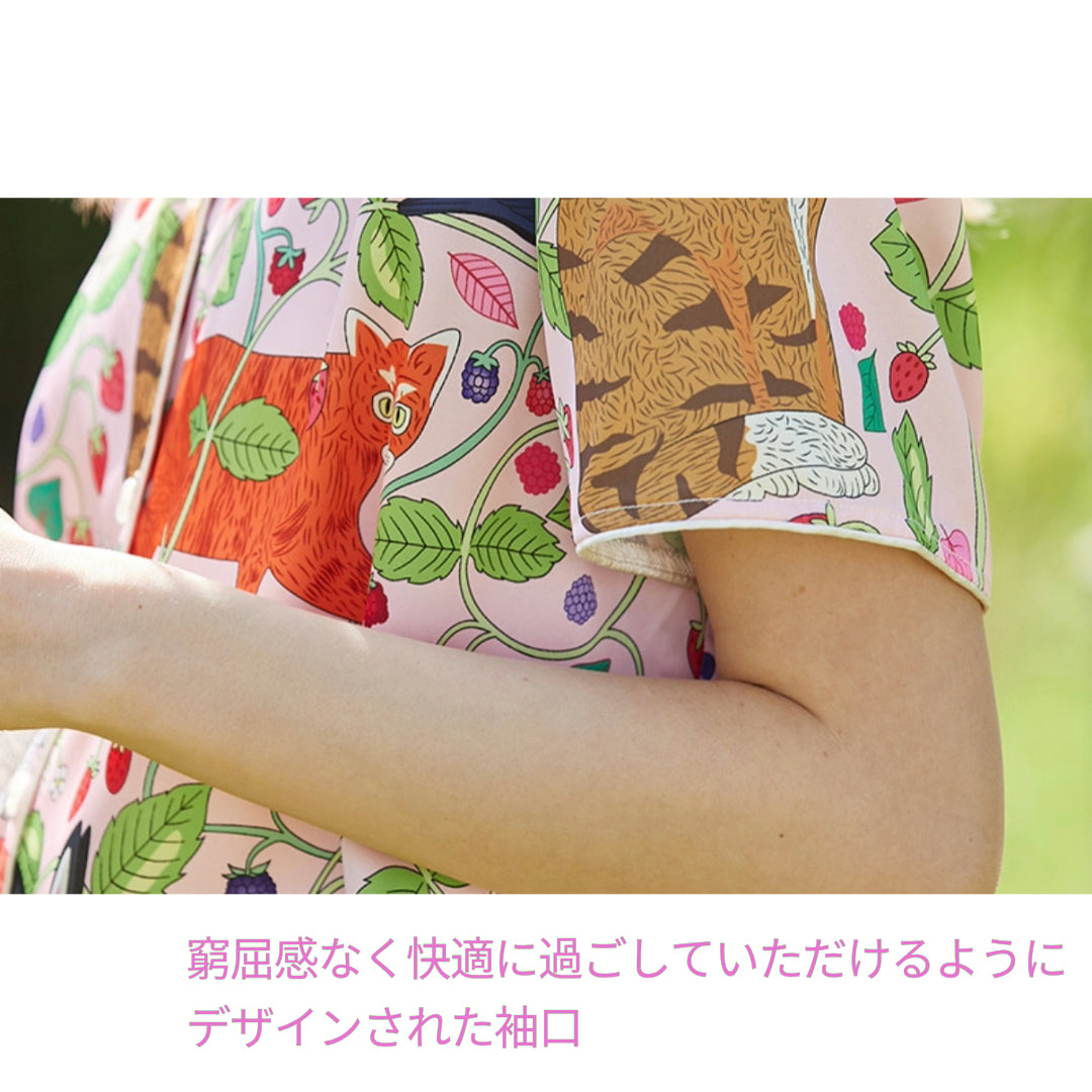 2025新作 🌻アイスシルク ピンク 猫といちご柄 半袖 半ズボン パジャマ ルームウェア