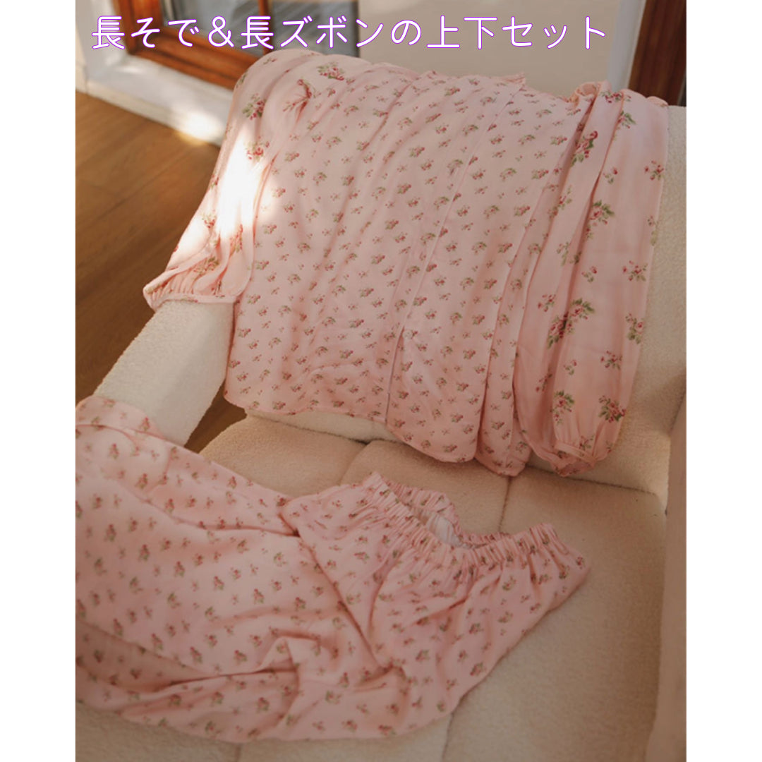 綿サテン 【日本製】 ピンク 小さいバラ柄 長袖 長ズボン パジャマ ルームウェア