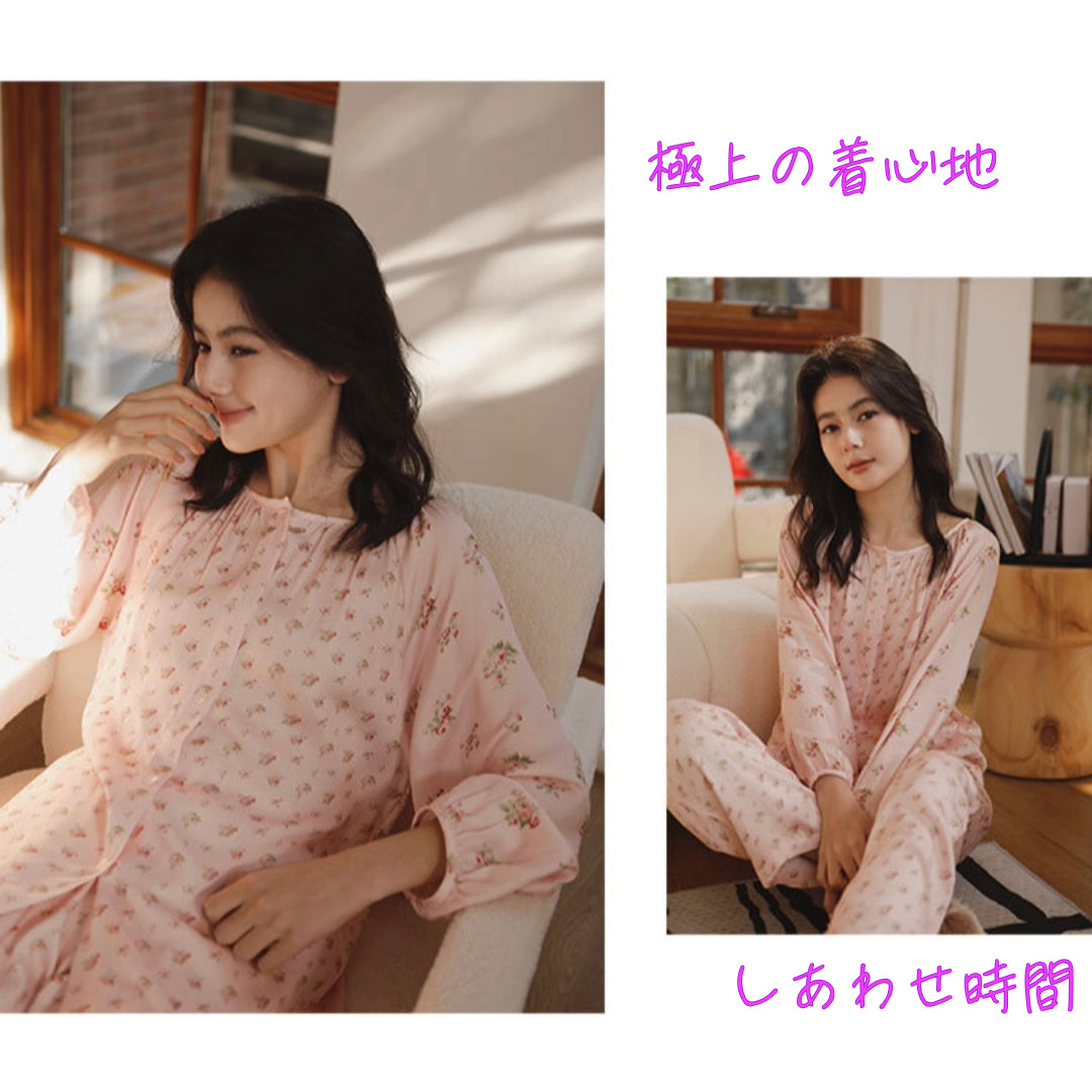 綿サテン 【日本製】 ピンク 小さいバラ柄 長袖 長ズボン パジャマ ルームウェア