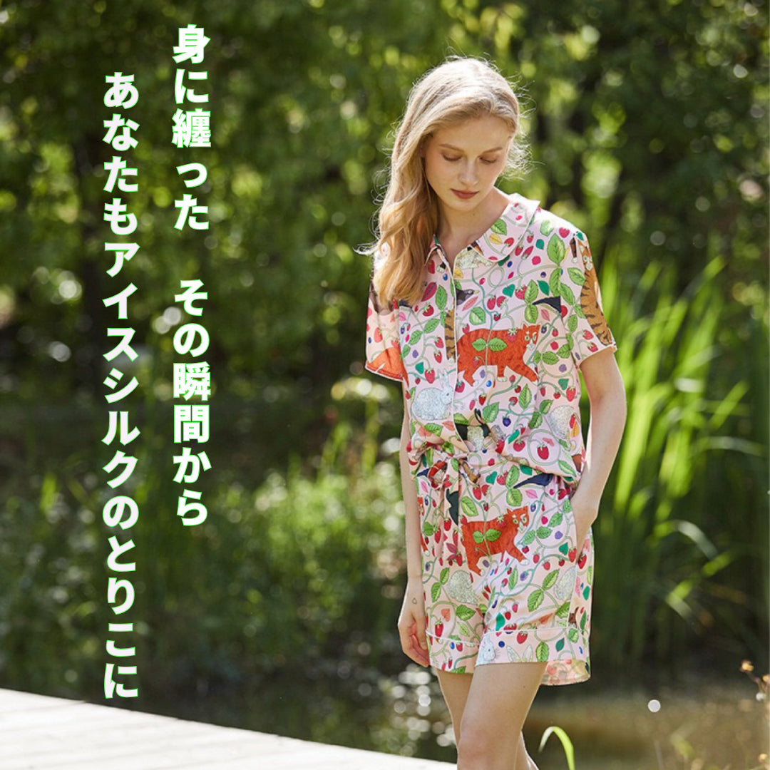 2025新作 🌻アイスシルク ピンク 猫といちご柄 半袖 半ズボン パジャマ ルームウェア