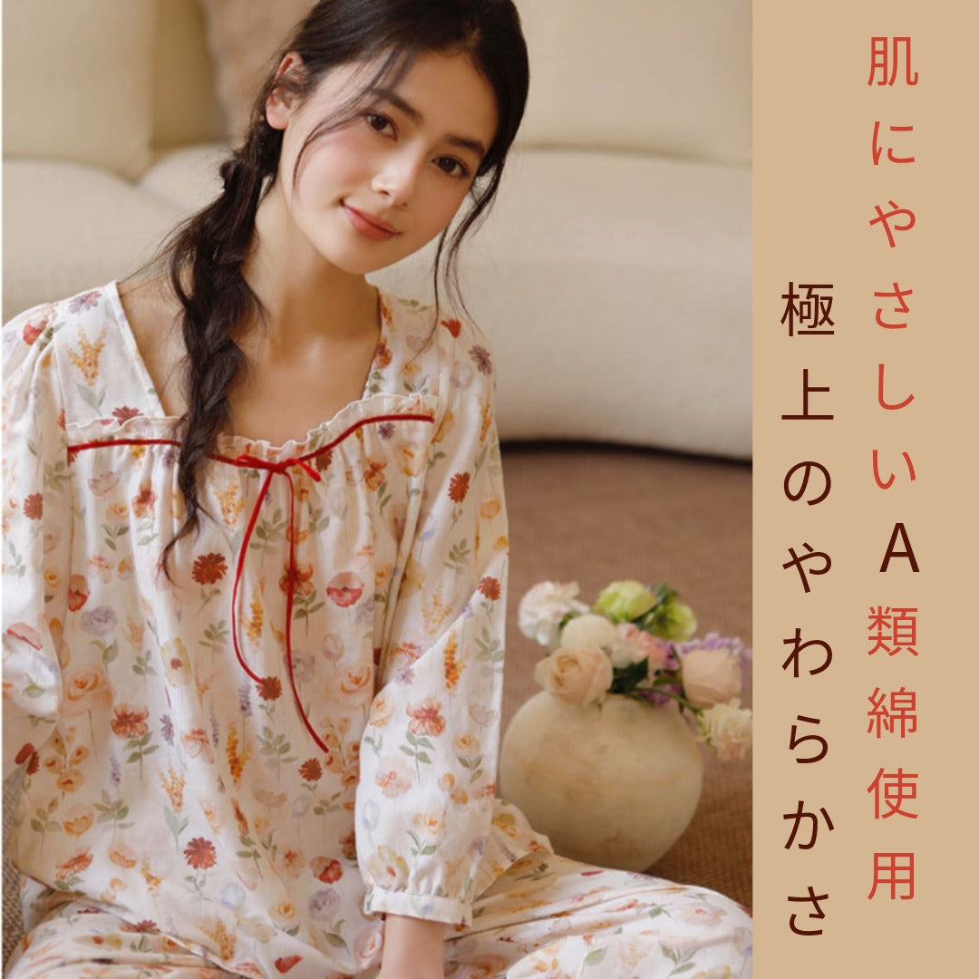 WダブルガーゼW【日本製】2025新作 リボン🎀 長袖 長ズボン パジャマ ルームウェア