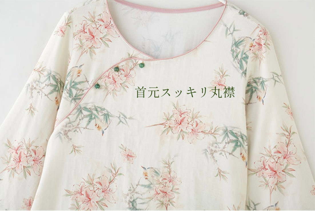 竹布🎋TAKEFU 【日本製】ピンクのお花&竹柄 7分袖 長ズボン 襟なし パジャマ ルームウェア
