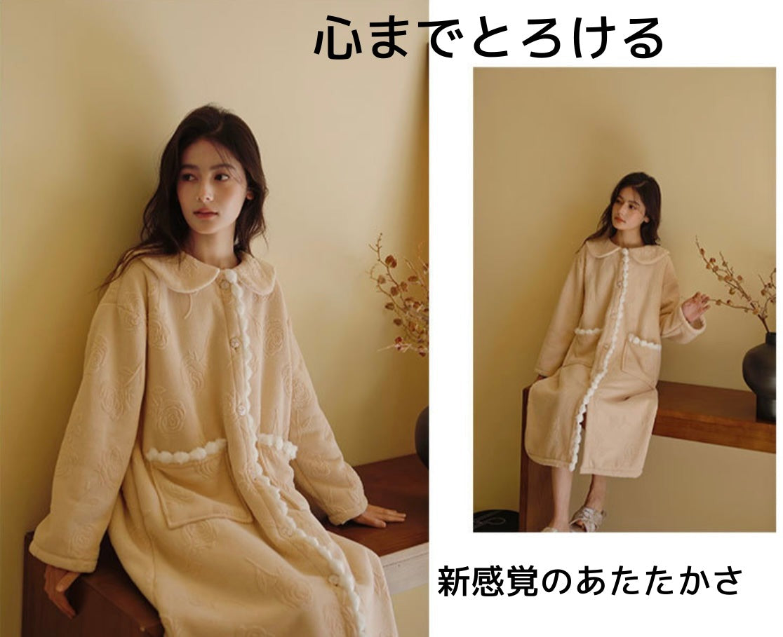 【秋冬物発売開始!!】2025 冬新作❄️日本製❤️モコモコルームウェア ベージュ バラ 羽織り ワンピーススタイル