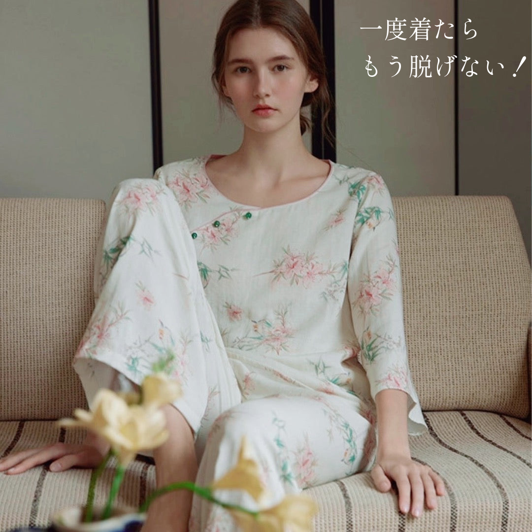 竹布🎋TAKEFU 【日本製】ピンクのお花&竹柄 7分袖 長ズボン 襟なし パジャマ ルームウェア