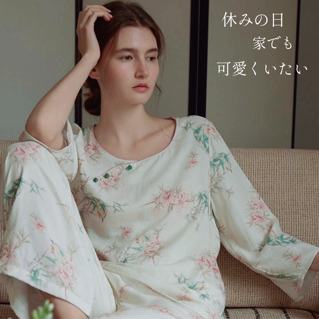 竹布🎋TAKEFU 【日本製】ピンクのお花&竹柄 7分袖 長ズボン 襟なし パジャマ ルームウェア