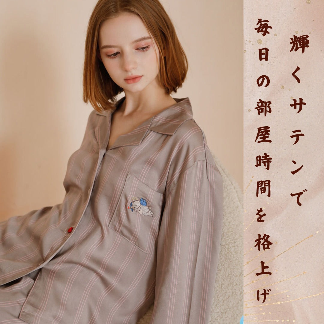 綿サテン 【日本製】ピンクストライプ 2025新作 長袖 長ズボン パジャマ ルームウェア