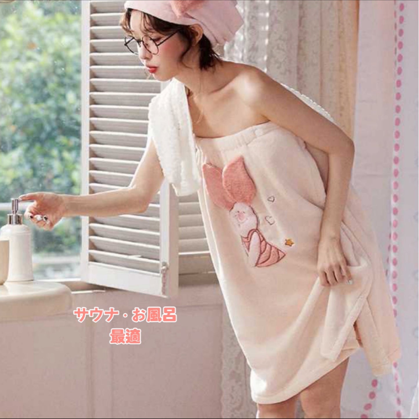 2025 summer ラップタオル ピンク ぶたちゃん 肩ひも無し ヘアバンド ヘアドライタオルセット