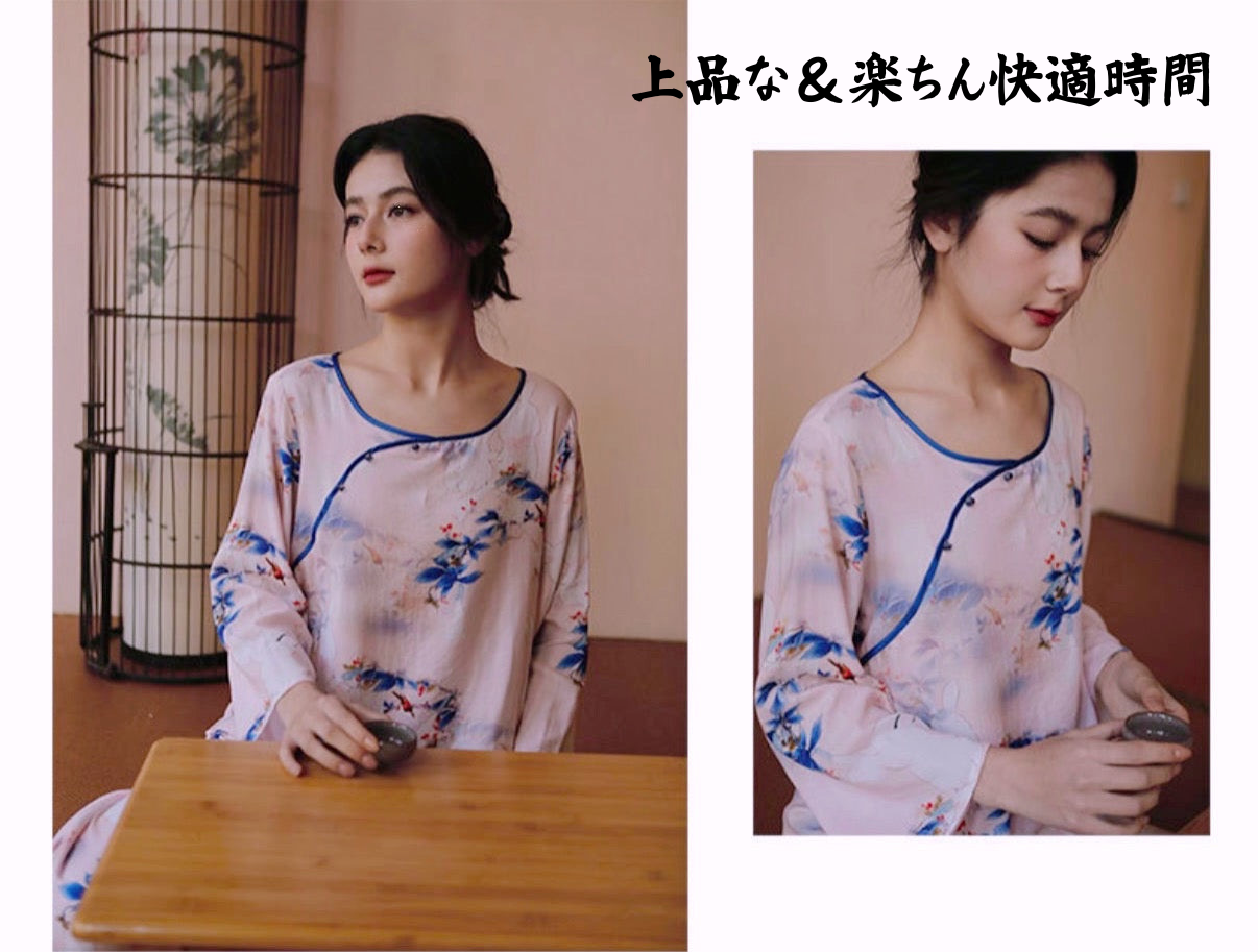 竹布🎋TAKEFU 【日本製】 青紫色の花と赤い鳥 8分袖 8分丈ズボン パジャマ ルームウェア